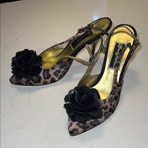 Beverly Feldman Leopard Slingback Heels with Black Rose